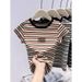 Color-Block Striped Short Sleeve T-Shirt – Structured Shoulder, 100% Cotton & Slim Fit (Women’s Casual & Office Wear)_ecoleips.com