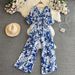 Gentle Style Women's Bubble Jumpsuit V Neck Short Sleeve High Waisted Slimming Porcelain Print Wide Leg Casual Jumpsuit_ecoleips.com