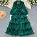Women's Clothing New Elegant Skirt Spring Dress High End Retro Lapel Lantern Sleeve Waist Ruffle Pleated Dress For Women_ecoleips.com