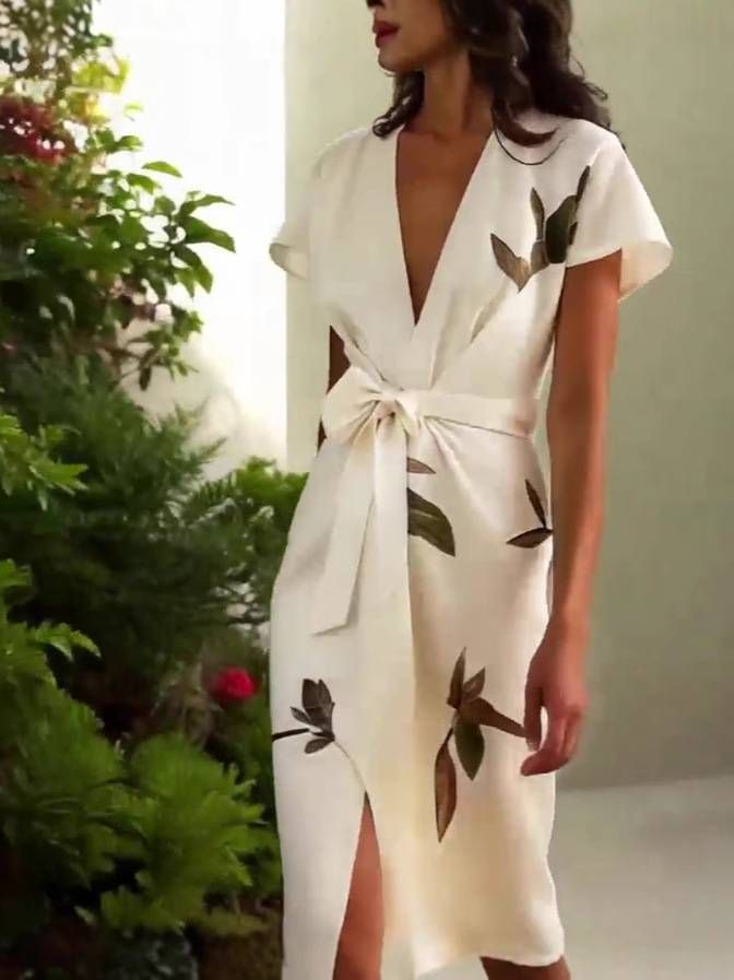 Women's Clothing V Neck Short Sleeve Lace Up Digital Printing Dress_ecoleips.com