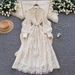 Women's Elegant Long Skirt Dress French Retro Court Style Beaded Single-Breasted Belted Embroidered Mesh Gown_ecoleips.com
