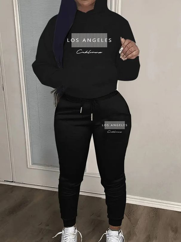 Women's Autumn And Winter Fashion Casual Los Angeles Letter Pattern Print Thickened And Plush Warm Hooded Sweatshirt+sports Pants Set-794_ecoleips.com