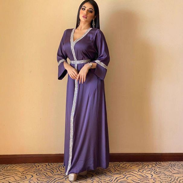 Women's Clothing Purple Long Sleeved V-Neck Rhinestone Studded Loose Fit Middle Eastern Women's Arabian Dress Modest Abaya Dress_ecoleips.com