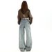 Fleece-Lined American Retro Embroidered Puppy High-Waisted Wide-Leg Jeans Women, New Loose Slimming Straight-Leg Pants_ecoleips.com