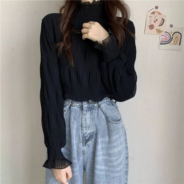 Women's Long-Sleeve Tops, 2026, Spring/Autumn/Winter, Ruffled Design With A Half-Turtleneck Base Shirt, Trendy Style_ecoleips.com