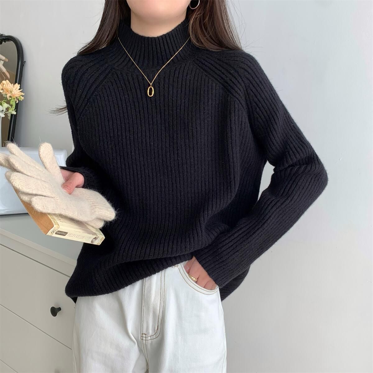 girl 2025 Autumn Winter New Korean Style Lazy Loose Versatile Half Turtleneck Soft Thickened Inner Knitted Sweater For Women_ecoleips.com