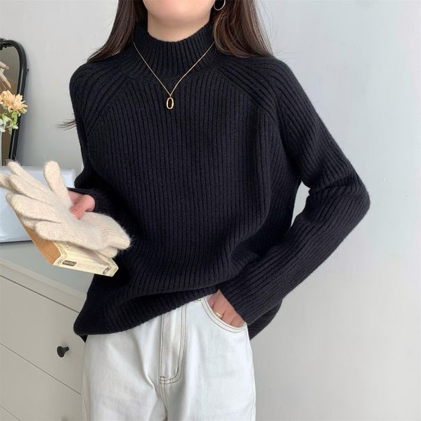 girl 2025 Autumn Winter New Korean Style Lazy Loose Versatile Half Turtleneck Soft Thickened Inner Knitted Sweater For Women_ecoleips.com