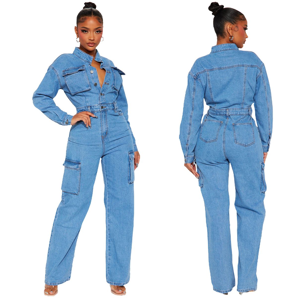 Women's Clothing Elastic Bell Bag Washed Denim Jumpsuit Jumpsuit Flared Pants Overalls_ecoleips.com