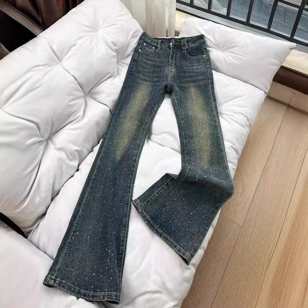 Women's Clothing Hot Diamond Flared Jeans For Women Spring Retro Washed Distressed Pants High Waist Slim Fit Flared Floor Length Trousers_ecoleips.com