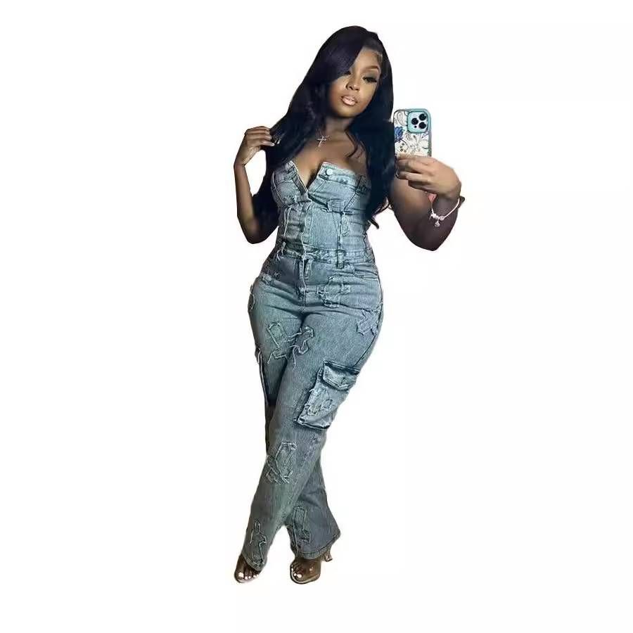 Women's Clothing New Tube Top Embroidered Jumpsuit Trousers Top Stretch Pants_ecoleips.com