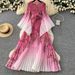 Pleated Floral Print Dress With 3D Embroidery, Bell Sleeves & Elastic Waist, Boho Chic Maxi Dress For Women, One Size Fits Most_ecoleips.com