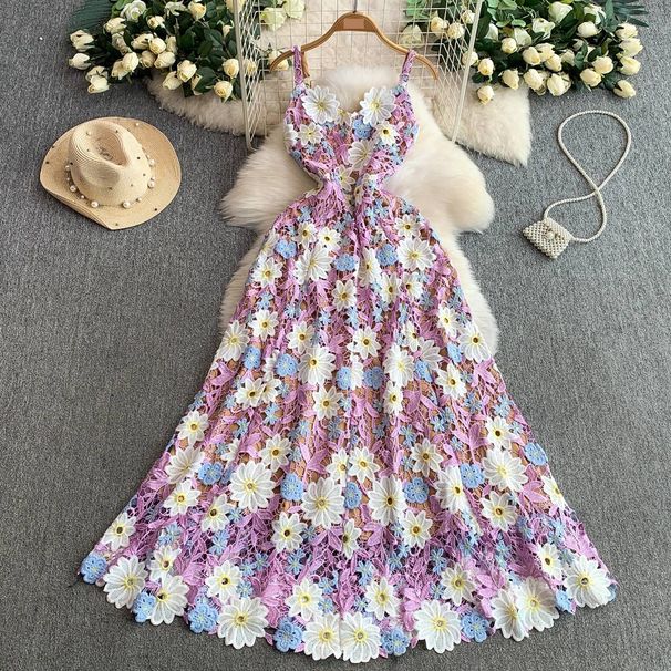 Women's French Style Openwork Lace Floral Sundress High-End Slimming Long Dress For Resort Wear_ecoleips.com