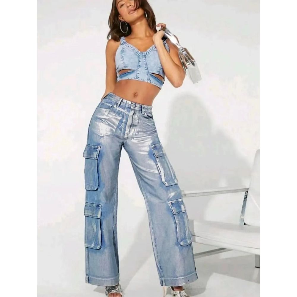 Women's Clothing Style Women's Fashion Stretch Denim Overalls With Multi Pockets Silver Processed Hot Item_ecoleips.com