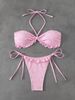 Women Pink Ditsy Floral 2 Piece Bikini Set Halter Tie Ruffle Edge Front Bow Side Tie High Cut Cheeky Bathing Suit Summer Beach Swimwear_ecoleips.com