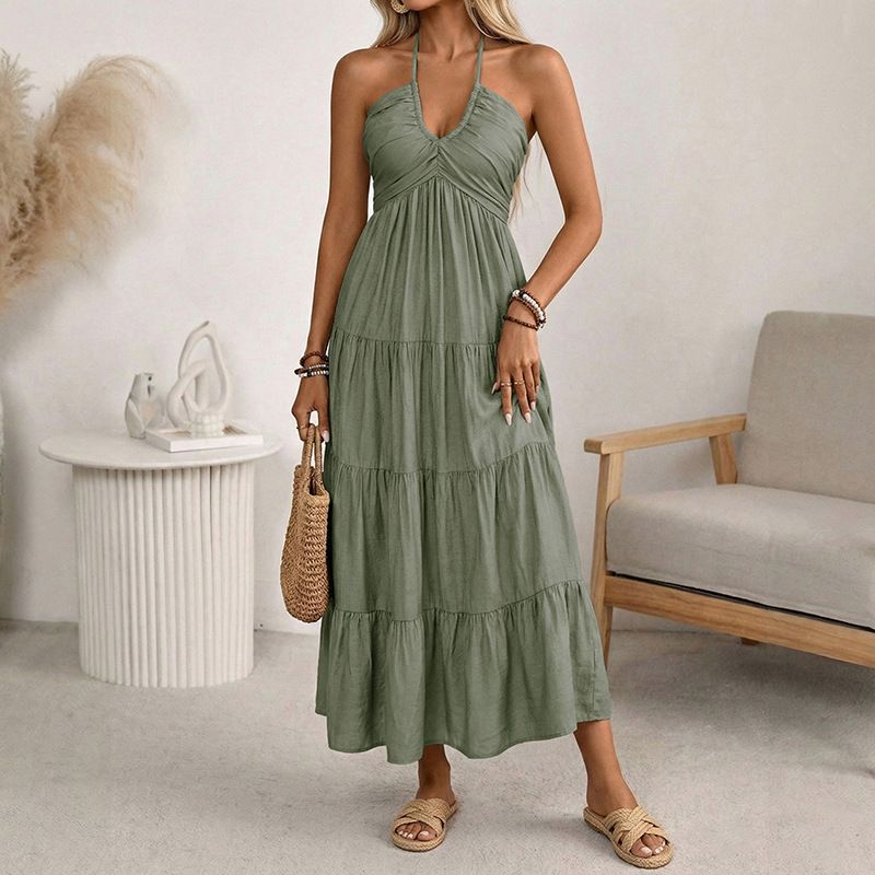 Spring/Summer 2026 Halter Neck Long Dress Solid Color American Style Loose Fit Backless Fashionable Resort Wear_ecoleips.com