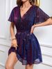 Women's V Neck Belted Sparkling Party Dress, Elegant Design For Party & Casual Vacation, All Seasons Fitted Style_ecoleips.com
