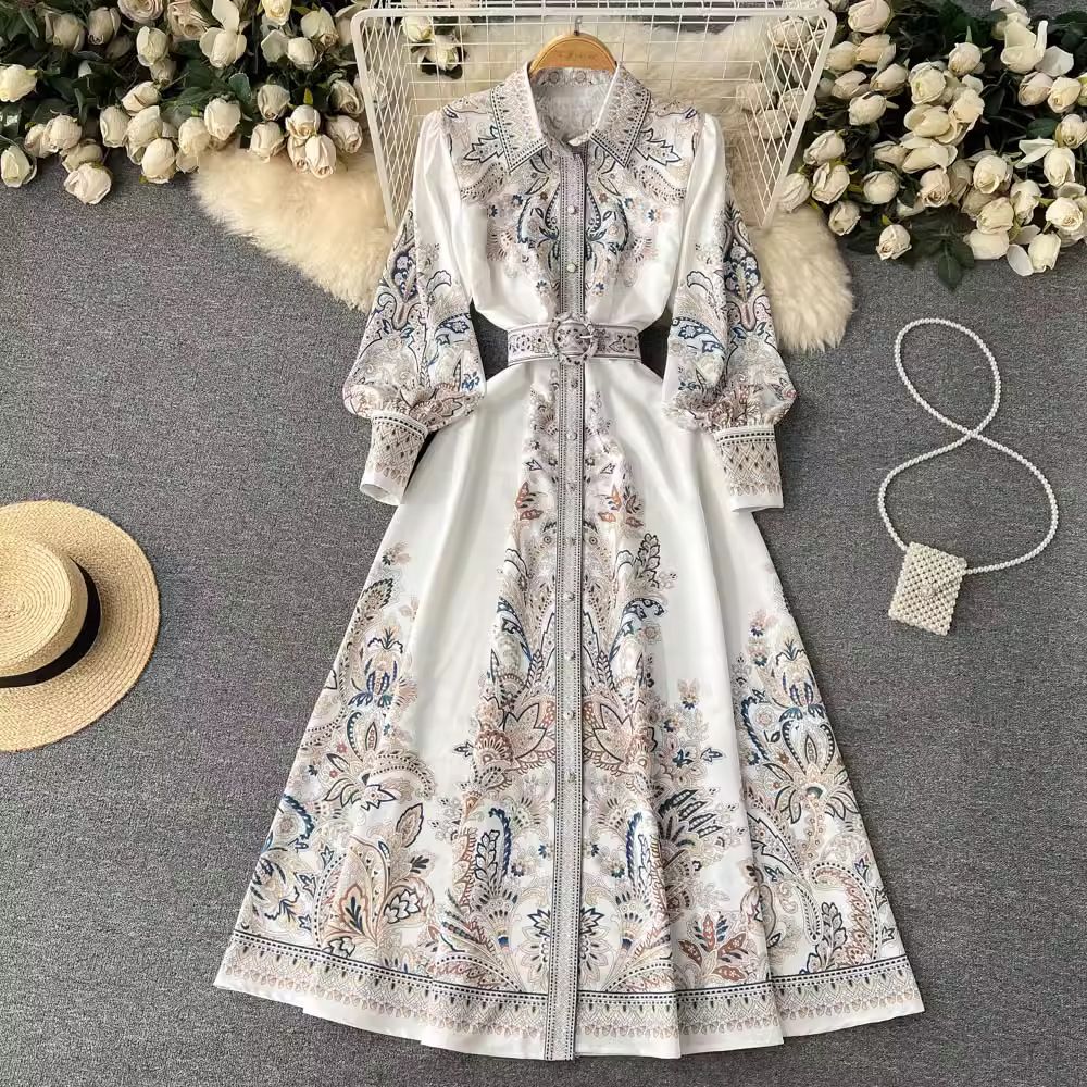 Women's Lantern Sleeve Lapel Single Breasted Printed Dress Waist Sweeping Palace Style Long Skirt Spring Autumn New Trendy_ecoleips.com