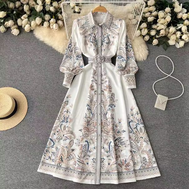 Women's Lantern Sleeve Lapel Single Breasted Printed Dress Waist Sweeping Palace Style Long Skirt Spring Autumn New Trendy_ecoleips.com