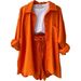 Aria Basics Aria Basics European And American Women's Two-Piece Wrinkled Fabric Turn-Down Collar Long Sleeve Shirt High Waist Drawstring Shorts_ecoleips.com