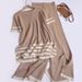 Women's European Style Color Blocked Striped Split Short Sleeve Knit Top And Slimming Wide Leg Pants Two Piece Set_ecoleips.com