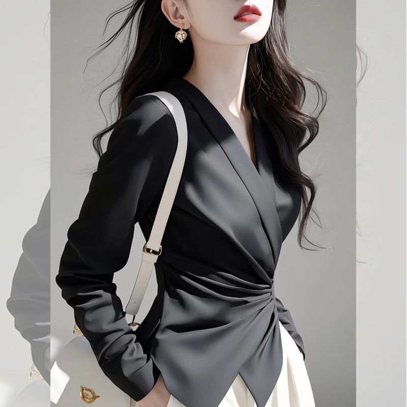Elegant V-Neck Work Blouse – Black Tailored Shirt (Polyester, S-XXXL, Office Chic, Spring Collection)_ecoleips.com