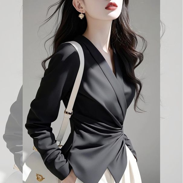 Elegant V-Neck Work Blouse – Black Tailored Shirt (Polyester, S-XXXL, Office Chic, Spring Collection)_ecoleips.com