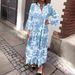 Women's Clothing New Stand Up Collar Trumpet Sleeve Printed Casual Dress_ecoleips.com