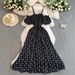 French Green Printed Sleeve One Shoulder Spaghetti Strap Dress for Women Elastic Waist Slim Fit Long Summer Dress_ecoleips.com