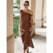 French Style Design Cotton Linen Brown Dress Spring And Summer One-Shoulder Cold-Shoulder Long Dress Women's Clothing_ecoleips.com