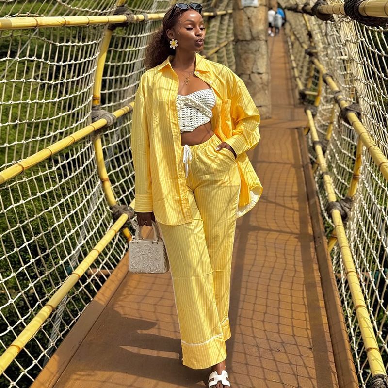 Women's Clothing Spring New Fashion Yellow Striped Shirt Wide Leg Trousers Casual Suit_ecoleips.com