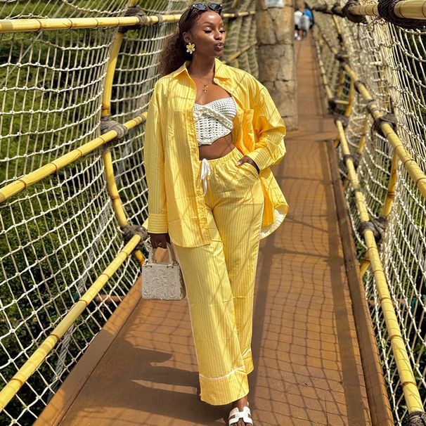 Women's Clothing Spring New Fashion Yellow Striped Shirt Wide Leg Trousers Casual Suit_ecoleips.com