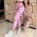Women's Clothing Retro Multi Pocket Pink Slimming Suspenders Elastic Small Feet Casual Pants_ecoleips.com