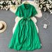 Women's Clothing Skirt Gentle Style Lapel Puff Sleeve Mid Length Shirt Dress Women's Lace Up Slimming Hollow_ecoleips.com