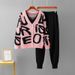Women's Jacquard Knitted Three Piece Set Casual Loose Fit Cardigan And Pants Combo Lettered Design_ecoleips.com