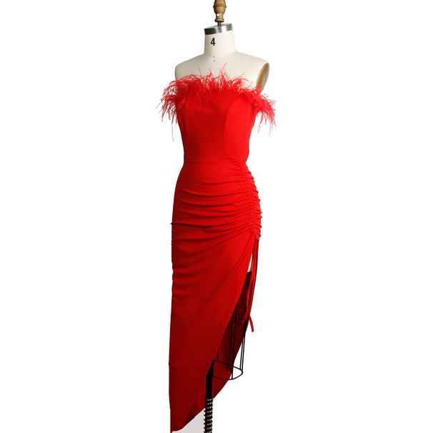 Women's clothing new style feather tube top irregular sexy slim evening dress French long skirt_ecoleips.com