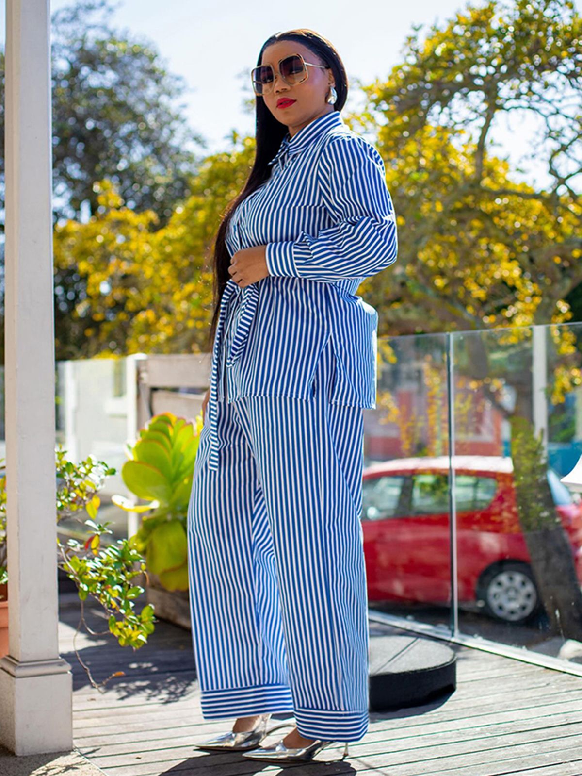 Women's Clothing Autumn And Winter Street Casual Printed Striped Two Piece Suit Long Sleeve Single Breasted Lapel Tie Side_ecoleips.com