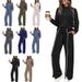 Women's Split Hem Long Sleeve Lounge Set – Stretchy Round Neck Pullover & Joggers (Black, Beige, Khaki, Dark Gray, Navy, Army Green)_ecoleips.com