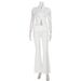 Slim Fit High Neck Short Sleeve Top And Low Waisted Flare Pants Women's Fashion Two Piece Set Solid Color Style_ecoleips.com