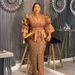 Elegant High-Waist Sequin Evening Dress For Women – Plus Size Glamorous Party Gown With Floral Sleeves & Deep V-Neck_ecoleips.com