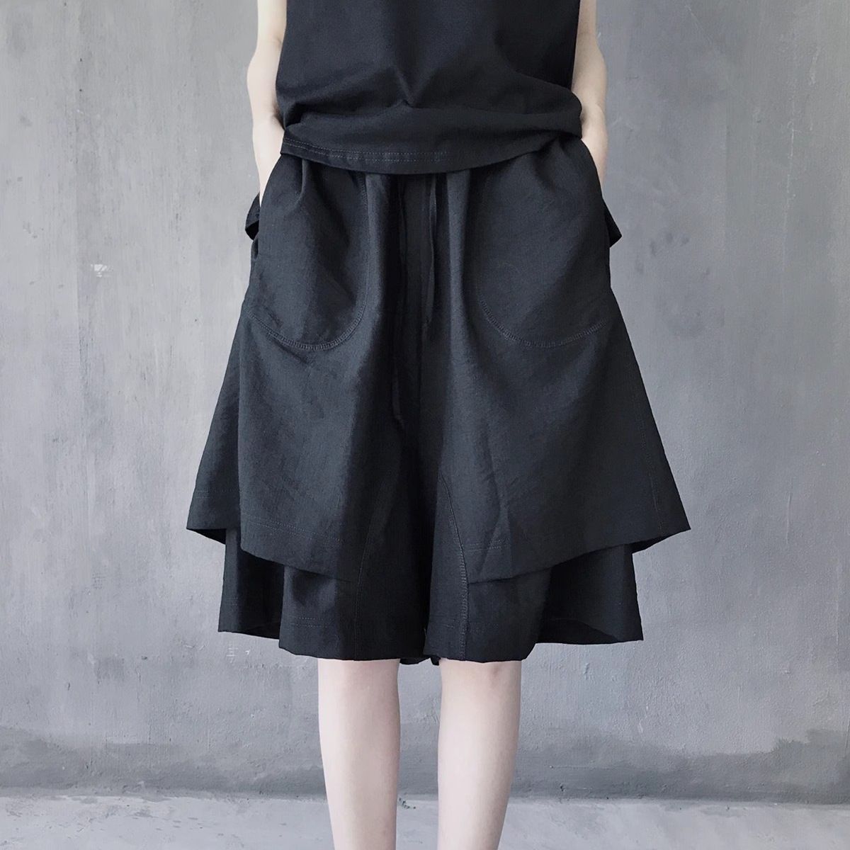Black Women's Pants In Japanese Yamamoto Dark Style, Double-layer Shorts, Casual Mid-length Trendy Cool Wide-leg Pants,_ecoleips.com