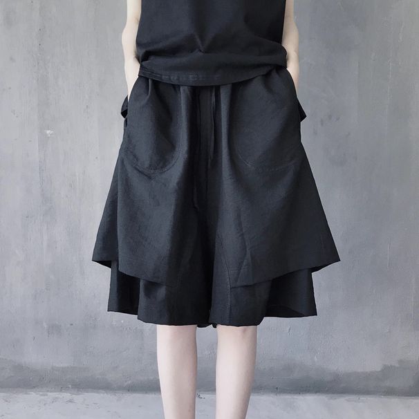 Black Women's Pants In Japanese Yamamoto Dark Style, Double-layer Shorts, Casual Mid-length Trendy Cool Wide-leg Pants,_ecoleips.com