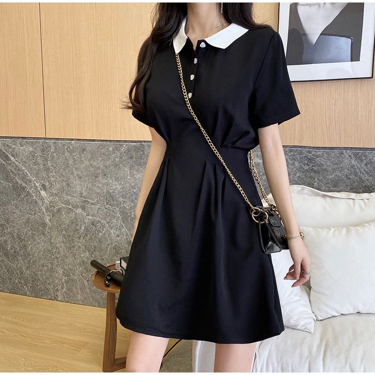 Women's Contrast Collar Polo Dress Summer Short Sleeve Button Front A Line Casual Mini Dress_ecoleips.com