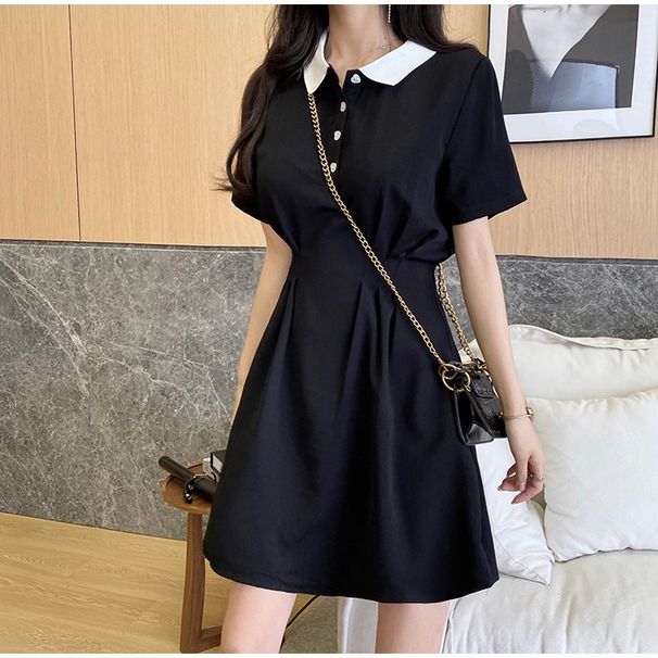 Women's Contrast Collar Polo Dress Summer Short Sleeve Button Front A Line Casual Mini Dress_ecoleips.com