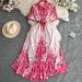 Women's Clothing Retro Palace Style Short Sleeved Lapel Waist Single Breasted A Line Printed Belt Pleated Dress With Long Swing Skirt_ecoleips.com
