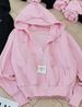 Women's Pink Oversized Hooded Zip-Up Sweatshirt With Embroidery - Cute Fall Loungewear For Petite Girls_ecoleips.com