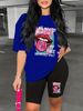 Summer Women's Casual And Fashionable Lip Print Letter Print Loose T-shirt+shorts Two-piece Sportswear Suitable For Daily Wear-79_ecoleips.com