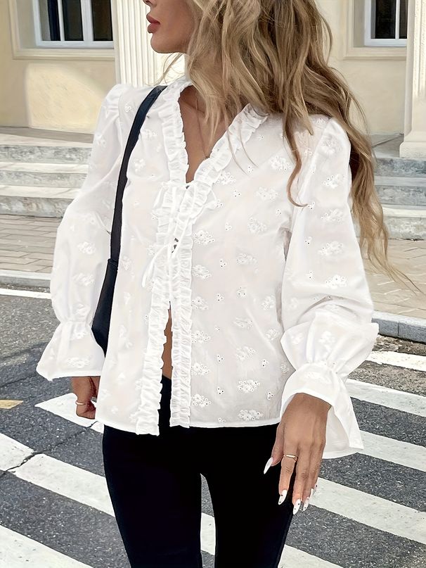 Women's Petite Long Sleeve Blouse Lace-Trimmed V-Neck Detail Tie Top Clothing_ecoleips.com