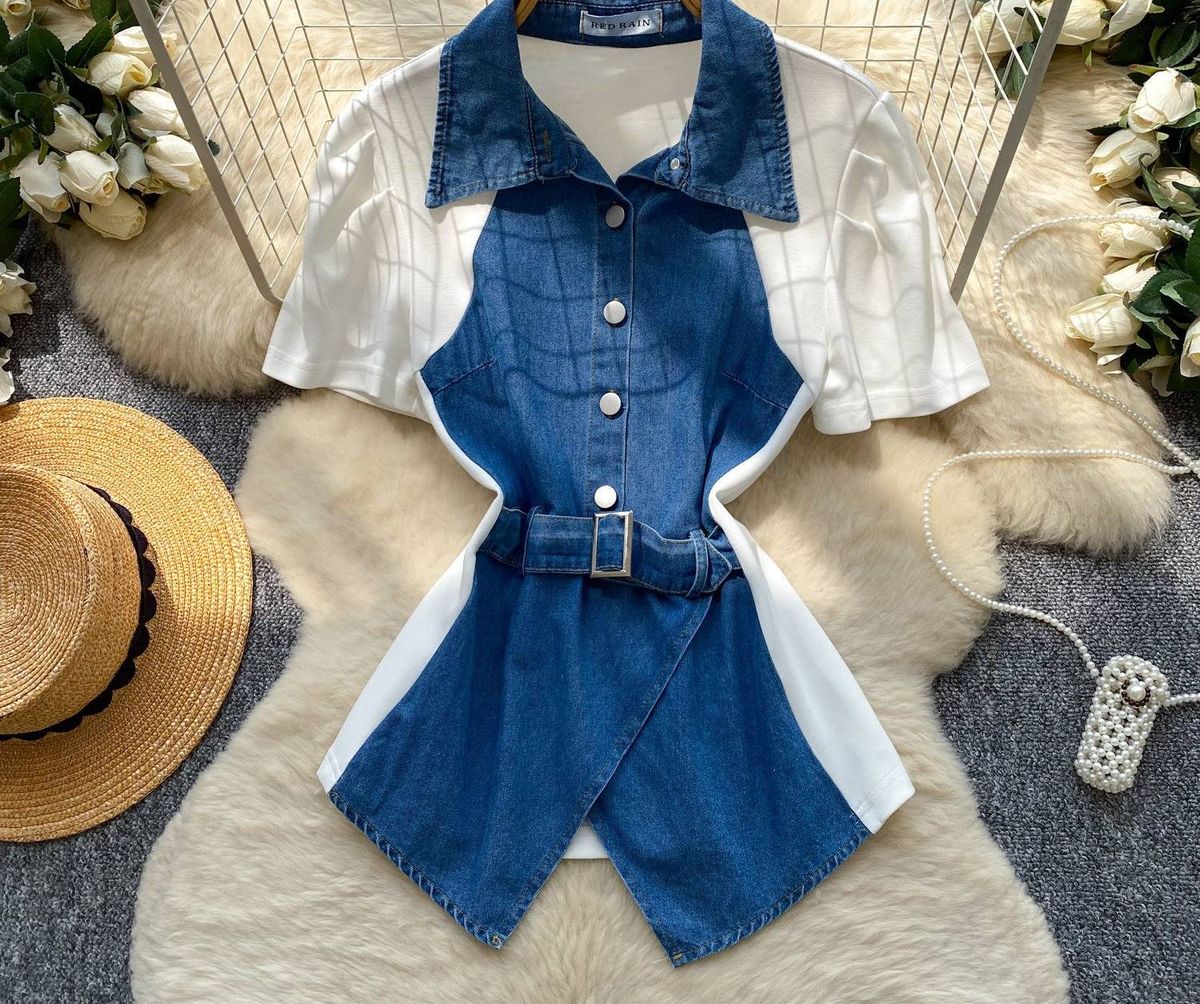 Women's French Retro Denim Patchwork Vintage Shirt Summer Short Sleeve Fitted Waist Tie Slimming Commuter Style Top_ecoleips.com
