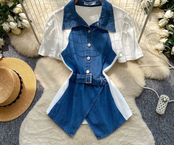 Women's French Retro Denim Patchwork Vintage Shirt Summer Short Sleeve Fitted Waist Tie Slimming Commuter Style Top_ecoleips.com