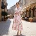 2026 . Printed V-neck Waist-Cinching Long-Sleeve A-line Women's Dress, Long Skirt, Artistic, Vintage, Fashionable,_ecoleips.com